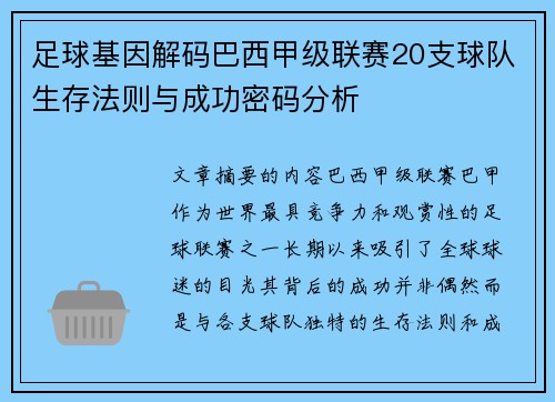 足球基因解码巴西甲级联赛20支球队生存法则与成功密码分析