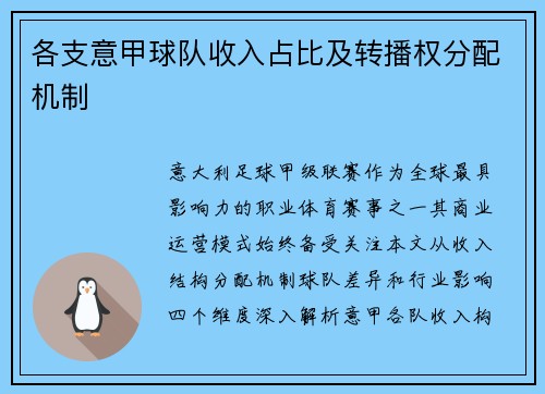 各支意甲球队收入占比及转播权分配机制