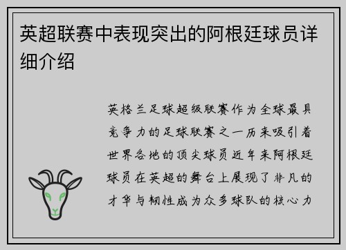 英超联赛中表现突出的阿根廷球员详细介绍