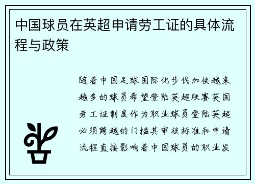 中国球员在英超申请劳工证的具体流程与政策